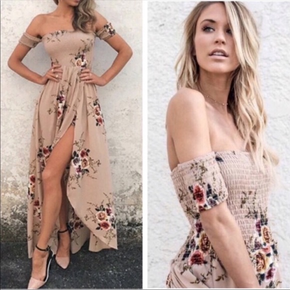 TAN FLORAL OFF SHOULDER MAXI DRESS - Picture 4 of 7
